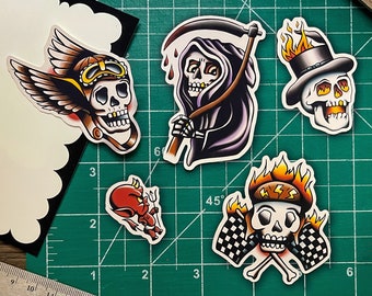 Tattoo Skulls Sticker Pack Grim Reaper Devilish Matte or Glossy Stickers