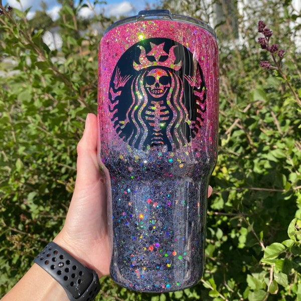 Zombie Starbucks Inspired Cup, Glitter skull tumbler, zombie glitter tumbler, gothic tumbler, Glitter Dipped tumbler, skeleton glitter cup