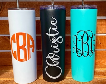 Personalized Monogrammed Tumbler, Skinny Tumbler with Straw, Bridal Party Cups, Monogram Initials Cup, Custom Water Bottle, Travel Tumbler