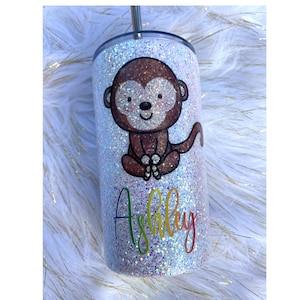 Kids Glitter Cup, Girls Glitter Tumbler, Sparkle Cup, Monkey Cup, children’s personalized gift, personalized kids cup, kids tumbler, cute