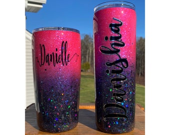 Hot Pink and Black Glitter Tumbler, Glitter Dipped Cup, Sparkle Tumbler, Glitter Mug, Ombre Glitter tumbler,  Personalized  Glitter tumbler