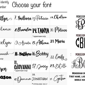 May include: A chart with 24 different names in various fonts, numbered 1 through 24. The chart also includes three examples of monogram styles, numbered 1 through 3. The monogram order is listed as first name, last name, middle name.