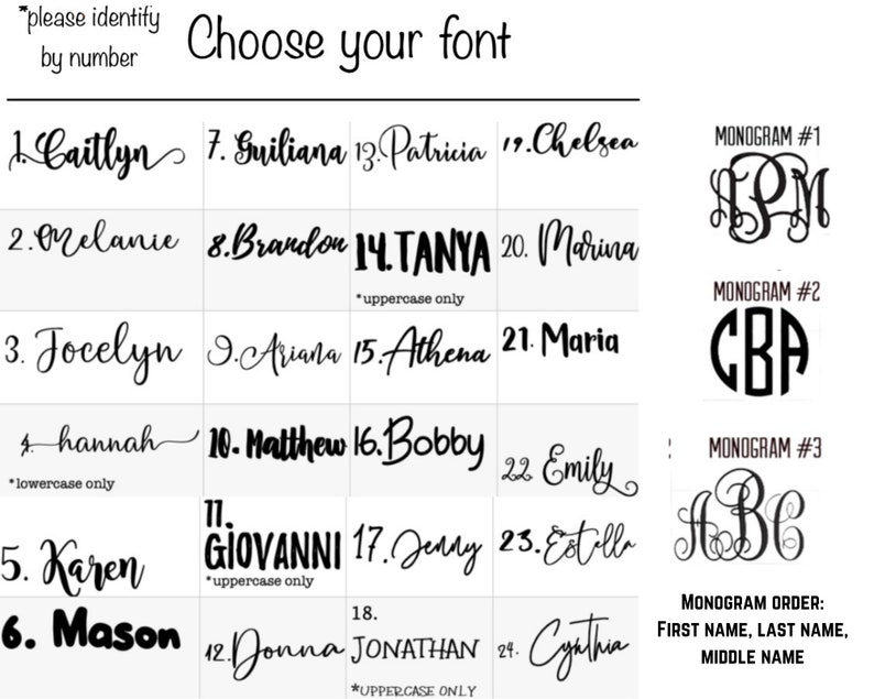 May include: A chart with 24 different names in various fonts, numbered 1 through 24. The chart also includes three examples of monogram styles, numbered 1 through 3. The monogram order is listed as first name, last name, middle name.