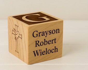 Personalized Wooden Baptism Block • Custom Engraved Baby Baptism Block • Name, Date, Church Keepsake Cube • Christian Baby Shower Gift
