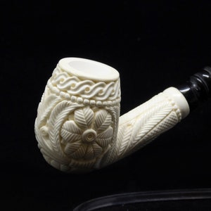 Embossed Floral Half Bent Stem Meerschaum Pipe, 100% Solid Block Meerschaum, Unsmoked Meerschaum Pipe