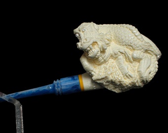 Hand-Carved Large Dragon Pipe, Straight Blue Stem Meerschaum Pipe, Unsmoked Meerschaum Pipe, The Best Block Meerschaum