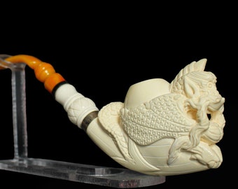 Hand-Carved Large Dragon Pipe, Half Bent Stem Meerschaum Pipe, Unsmoked Meerschaum Pipe with Silver, The Best Block Meerschaum