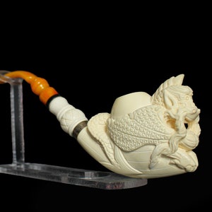 Hand-Carved Large Dragon Pipe, Half Bent Stem Meerschaum Pipe, Unsmoked Meerschaum Pipe with Silver, The Best Block Meerschaum