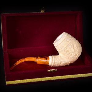 Large Embossed Floral Half Bent Stem Meerschaum Pipe, 100% Solid Block Meerschaum, Unsmoked Meerschaum Pipe