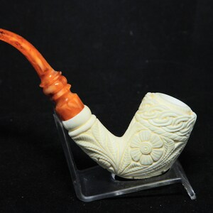 Embossed Floral Billiard Meerschaum Pipe, Half Bent Stem Meerschaum Pipe, Unsmoked Meerschaum, Block Meerschaum