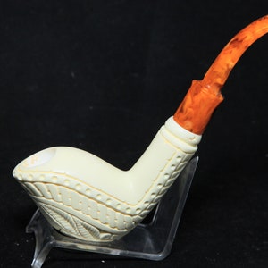 Lattice Cobra Bent Stem Meerschaum Pipe, Block Meerschaum, Unsmoked Meerschaum Pipe