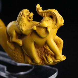 Hand Carved Lion and Elephant Figure Half Bent Stem Meerschaum Pipe, The Best Block Meerschaum, Unsmoked Pipe