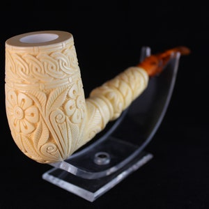 Large Embossed Floral Half Bent Stem Meerschaum Pipe, 100% Solid Block Meerschaum, Unsmoked Meerschaum Pipe