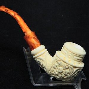 Hand Carved Embossed Floral Half Bent Stem Meerschaum Pipe, 100% Solid Block Meerschaum , Unsmoked Meerschaum Pipe