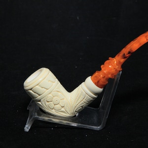 Hand Carved Embossed Floral Half Bent Stem Meerschaum Pipe, The Best Block Meerschaum, Unsmoked Meerschaum Pipe