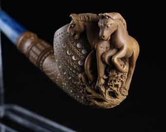 Lattice Horse Half Bent Stem Meerschaum Pipe, Unsmoked Meerschaum Pipe, The Best Block Meerschaum Pipe