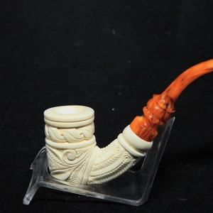 Hand Carved Embossed Floral Full Bent Stem Meerschaum Pipe , Block Meerschaum Pipe