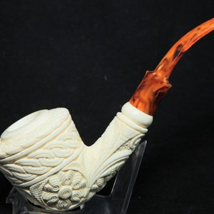 Embossed Floral Half Bent Stem Meerschaum Pipe, 100% Solid Block Meerschaum, Unsmoked Meerschaum Pipe