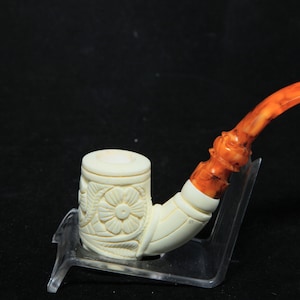 Embossed Floral Full Bent Stem Meerschaum Pipe, 100% Solid Block Meerschaum, Unsmoked Pipe