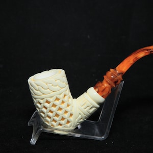 Deep Lattice Bent Stem Meerschaum Pipe, Hand Carved Meerschaum, Block Meerschaum