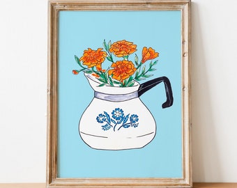 Vintage Corningware Teapot Illustrated Wall Art Print