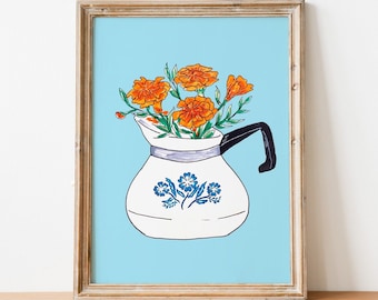 Vintage Corningware Teapot Illustrated Wall Art Print