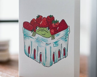 Strawberry Frog Greeting Card, Cottage Core Cute Card, Birthday Card, Toad Birthday, Thinking of You Card, Congratulations Card