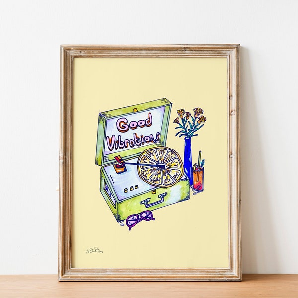 Good Vibrations Record Player Wall Print, Hand Illustrated