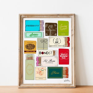 NYC Match Box Matchbook Ilustrowany wydruk ścienny, Sztuka w akademiku, Galeria ścienna w apartamencie w Nowym Jorku, Sztuka ścienna w restauracji Matchbook, Sztuka w salonie
