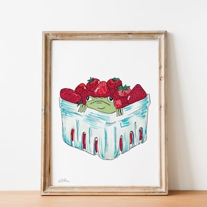 Strawberry Frog Illustrated Cottage Core Wall Print, Kitchen Art, Living Room Decor, Gallery Wall Art, Apartment Wall Decor, Whimsical Print