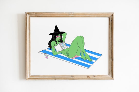 Witch Beach Illustrated Wall Print, Dorm Art, Beach, Witch Art, Funny Cute Wall Decor, Living Room Art, Gallery Wall Art, Apartment Decor