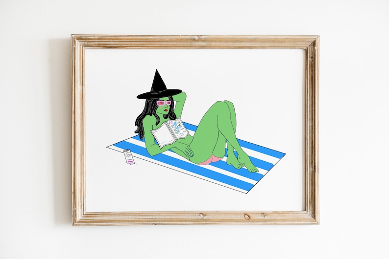 Witch Beach Illustrated Wall Print, Dorm Art, Beach, Witch Art, Funny Cute Wall Decor, Living Room Art, Gallery Wall Art, Apartment Decor