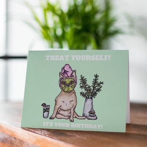Französische Bulldogge Geburtstagskarte, Frenchie, Spa-Tag, Hund Geburtstagskarte, Niedlicher Geburtstag, Hand illustriert, Hundeliebhaber Karte, Welpe Geburtstag