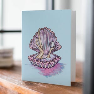Tarjeta de felicitación ilustrada con concha de ostra, tarjeta de perla, tarjeta costera, tarjeta de feliz cumpleaños, tarjeta rosa bonita, tarjeta única, tarjeta "Pensando en ti"