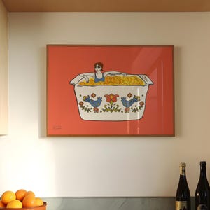 Colorful Kitchen Art, Corningware Country Festival Mac n' Cheese Illustration Print, Vintage Dish, Retro Gallery Wall