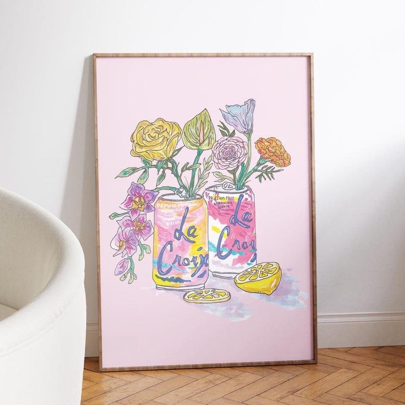 La Croix Wall Print, Sparkling Water Wall Decor, Floral Apartment Art, Apartment Decor, Drink Art, Dorm Decor