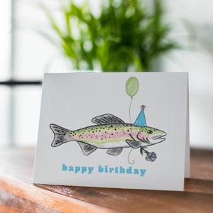 Fisch Geburtstagskarte, Hand illustriert, Regenbogenforelle Karte, Geburtstagskarte für Papa, Angelkarte