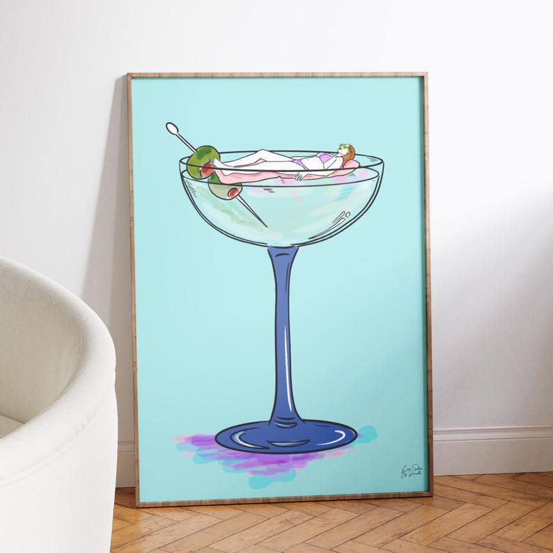 martini illustration wall art for kitchen or bar art