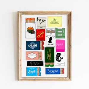NYC Matchbook Wall Art | Illustrated NYC Restaurant & Bar Decor | Vibrant Matchbook Prints | Unique NYC Gift for Foodies