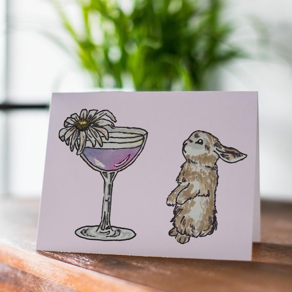 Rabbit Bunny Card, Cocktail Card, Cute Birthday Card, Thinking of You, Pretty Card, Bunny Art, Garden Party, Blank Card