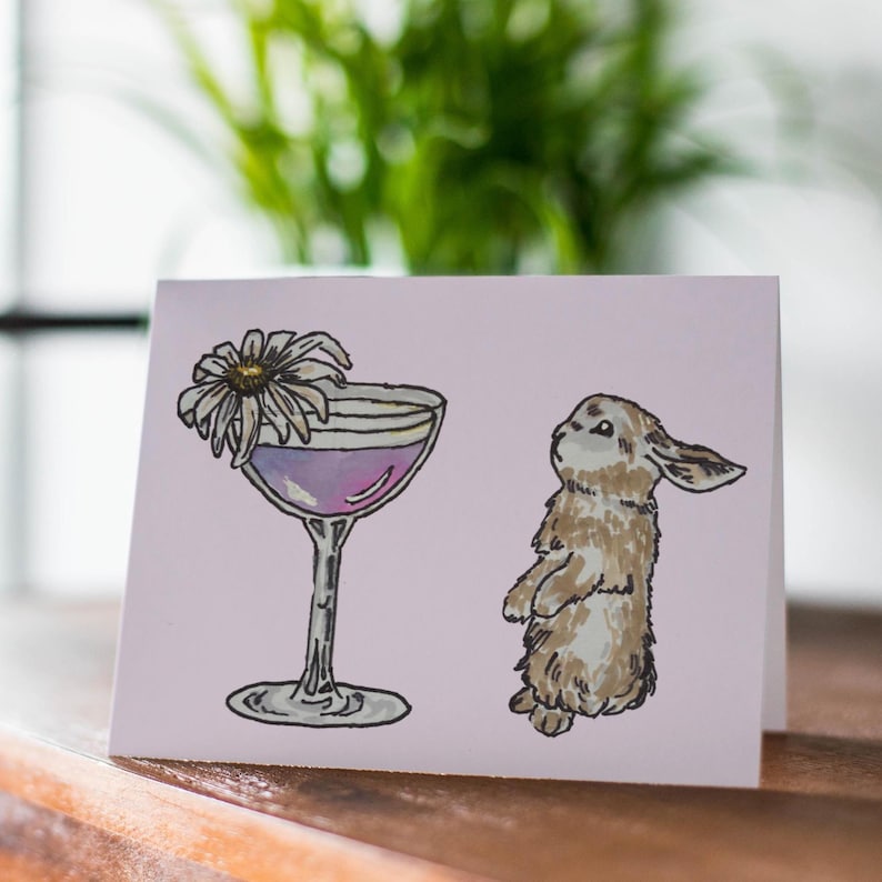 Rabbit Bunny Card, Cocktail Card, Cute Birthday Card, Thinking of You, Pretty Card, Bunny Art, Garden Party, Blank Card, Cute Thinking of you gift card, Easter Card