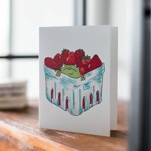 Strawberry Frog Greeting Card, Cottage Core Hand Made Card