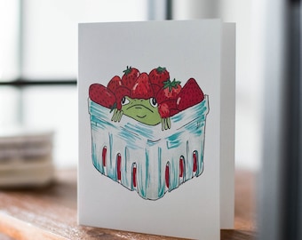 Strawberry Frog Greeting Card, Cottage Core Cute Card, Birthday Card, Toad Birthday, Thinking of You Card, Congratulations Card
