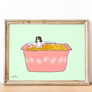 Impression murale illustrée de macaronis au fromage marguerite rose Pyrex, art culinaire, décoration de cuisine rétro vintage, art fantaisiste