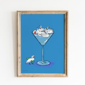Zwaan Martini geïllustreerd muurkunst, vogel muur print, cocktail muur kunst, grillige print, muur decor slaapkamer, bar kar kunst, leuke galerie muur