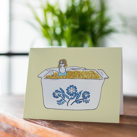 Mac N’ Cheese Vintage Corning-ware Card, Retro Thank You Card, Birthday Card, Hand Illustrated, Blue Cornflower Art, Cute Vintage Card