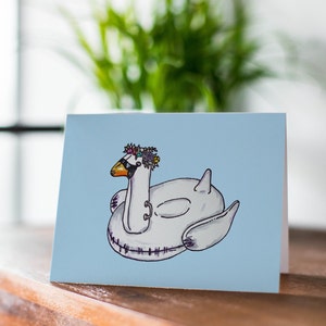 Carte de voeux d'été avec flotteur de piscine cygne, carte d'anniversaire d'été, jolie carte pour ami, carte vierge, carte de félicitations