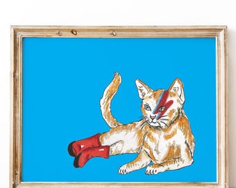 Bowie Cat Illustrated Wall Art Print, Music Lover Wall Art, Dorm Art, Animal Poster