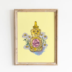 Honey Bottle Wall Art Print, Honey, Floral Print image 1