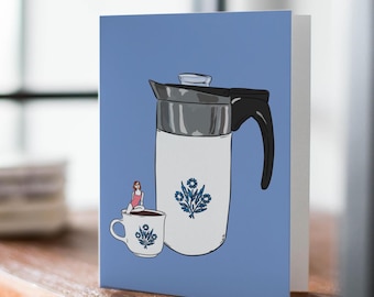 Vintage Corningware Set Coffee Cup Illustrated Greeting Card, Blue Cornflower, Vintage Dish Card, Card for Grandma, Retro Art Card